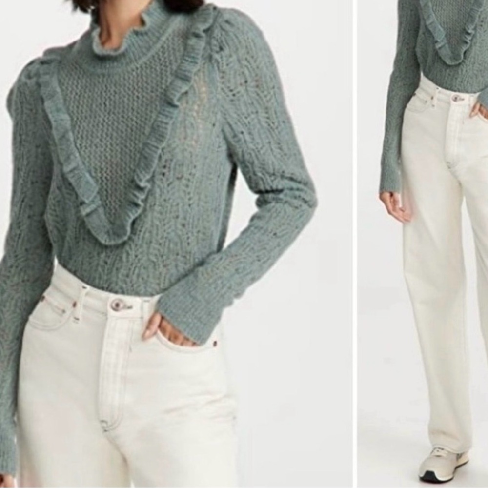 Veronica Beard Dusty Sage Ruffle Cable Turtleneck Sweater